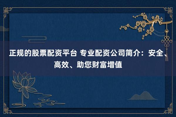 正规的股票配资平台 专业配资公司简介:安全、高效、助您财富增值